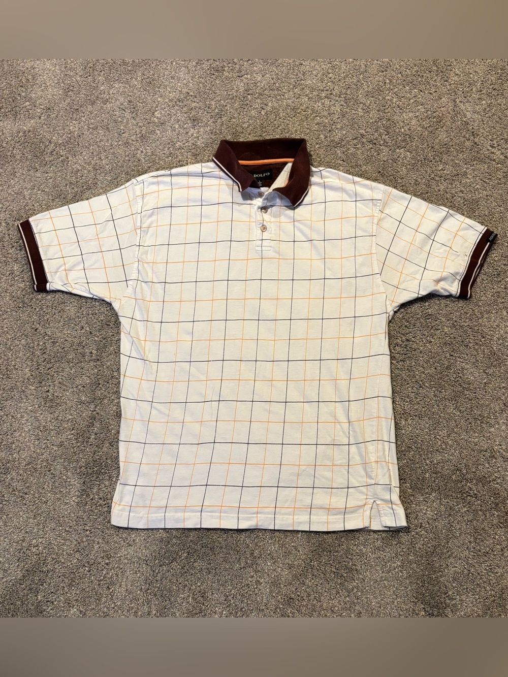 Adolfo Mens Y2K Polo Shirt White Brown Plaid Short Sleeve 100% Cotton Sz Large